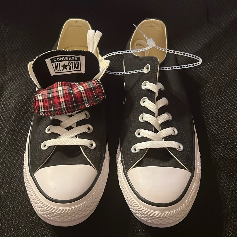 Women’s Conversee All Star sneakers, size 9, black, red and white double tongue